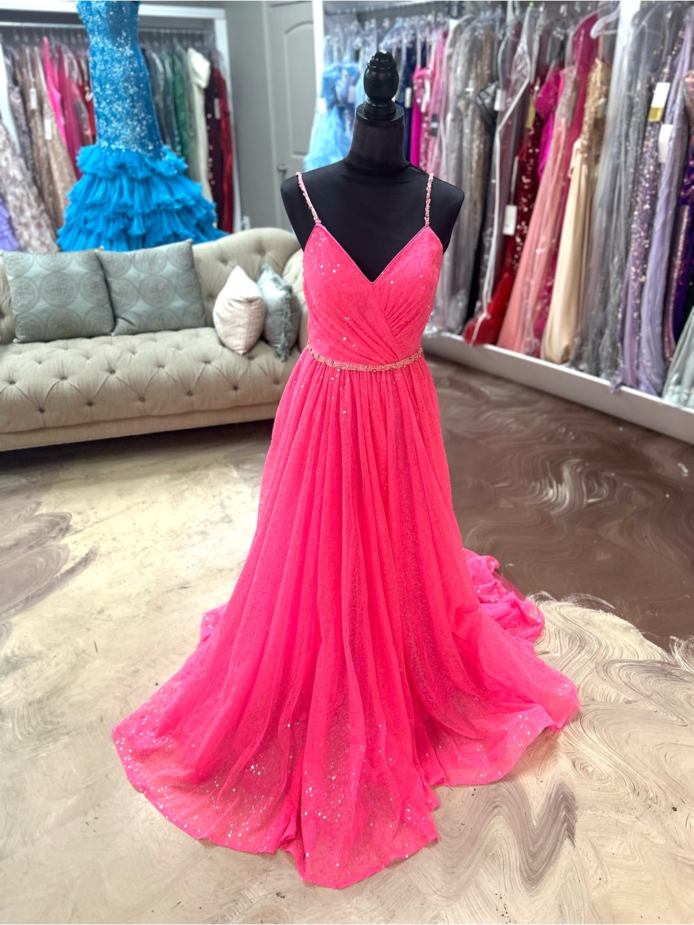 Sparkling Hot Pink Prom Gown with Beaded Waist
